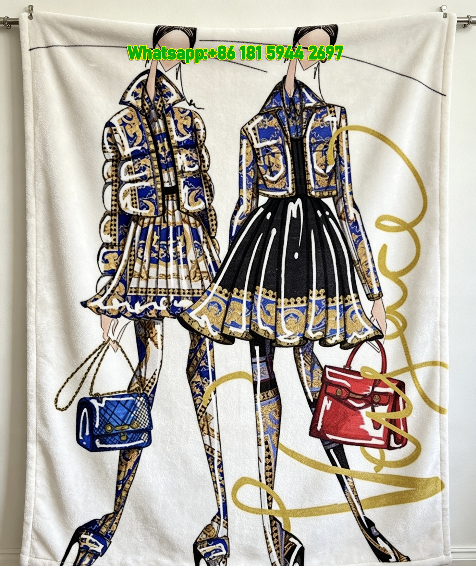 Versace Royal Blue And Gold Baroque Print Runway Fashion Illustration Flannel Throw Blanket Luxury Sofa Cover Blanket IMG_1670